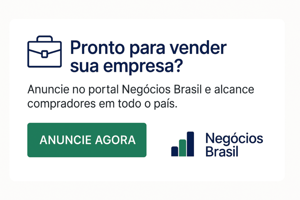 Card final com chamada para ação convidando empresários a anunciar sua empresa à venda no portal Negócios Brasil, com botão verde “Anuncie Agora” e logotipo do portal no canto inferior direito.