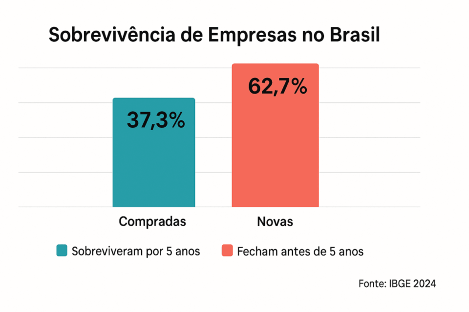 “Gráfico comparando as taxas de sobrevivência de empresas compradas e novas no Brasil segundo o IBGE 2024. Mostra que 37,3% das empresas compradas sobreviveram por 5 anos, enquanto 62,7% das novas fecham antes desse período.”