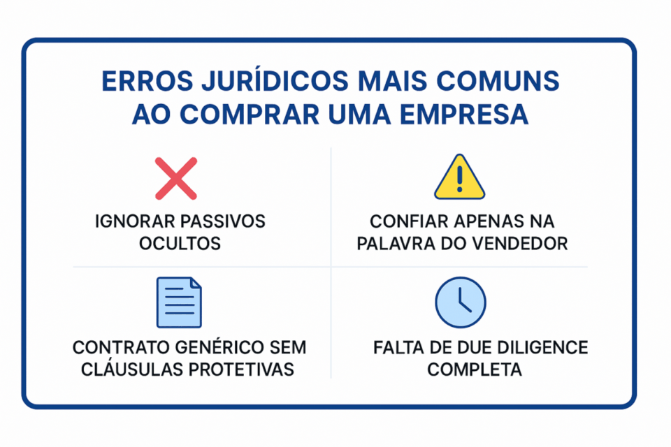 “Card visual listando os erros jurídicos mais comuns ao comprar uma empresa, como ignorar passivos ocultos, confiar na palavra do vendedor, usar contratos genéricos e não realizar due diligence completa.”