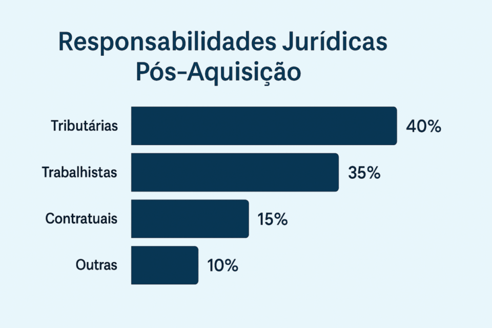“Gráfico de barras mostrando as principais responsabilidades jurídicas herdadas após uma aquisição de empresa, com destaque para riscos tributários, trabalhistas, contratuais e outros.”