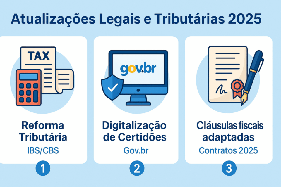 “Infográfico horizontal destacando as principais alterações legais e tributárias de 2025 que afetam a compra de empresas, incluindo reforma tributária IBS/CBS, digitalização de certificados via Gov.br e adaptação de cláusulas fiscais em contratos.”