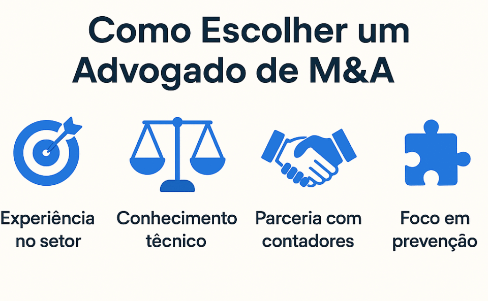 “Cartão informativo horizontal com quatro ícones apresentando dicas para escolher um advogado especializado em M&A: experiência no setor, conhecimento técnico, parceria com contadores e foco em prevenção.”