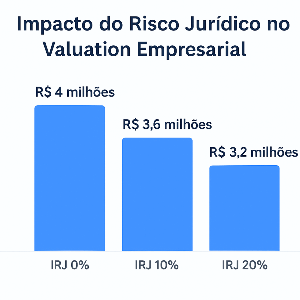“Gráfico de colunas mostrando como o aumento do risco jurídico reduz o valuation de uma empresa: de R$ 4 milhões com IRJ 0% para R$ 3,2 milhões com IRJ 20%.”