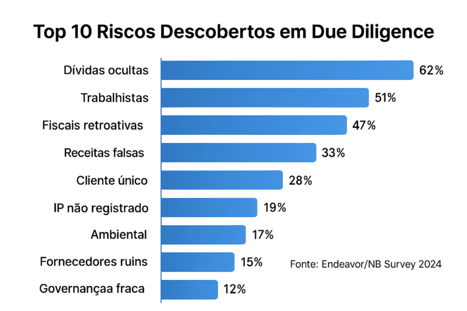 Gráfico de barras destacando os 10 principais riscos descobertos durante processos de due diligence, com percentuais e categorias em tons de azul.