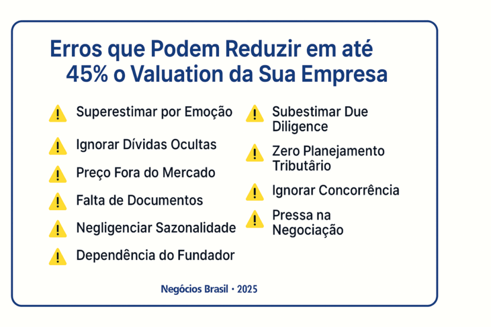 “Cartão visual com os dez erros mais comuns na precificação de empresas, incluindo superestimar por emoção, ignorar dívidas ocultas e subestimar due diligence.”