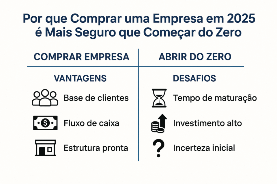 “Quadro comparativo mostrando as vantagens de comprar uma empresa pronta em 2025 em relação a começar do zero.”