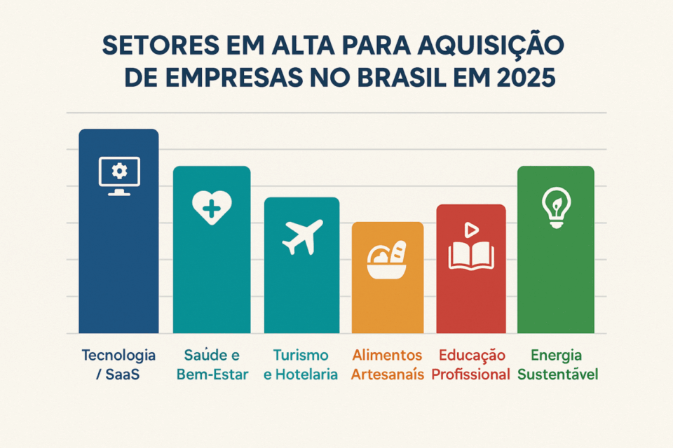 “Gráfico mostrando os setores com maior potencial de aquisição de empresas no Brasil em 2025.”