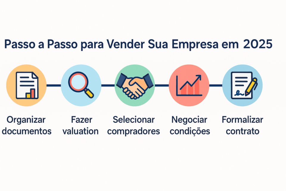 “Infográfico mostrando as cinco etapas principais para vender uma empresa no Brasil de forma segura em 2025.”