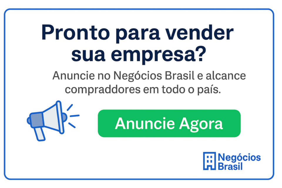 “Cartão de chamada para ação incentivando empresários a anunciar sua empresa à venda no site Negócios Brasil.”