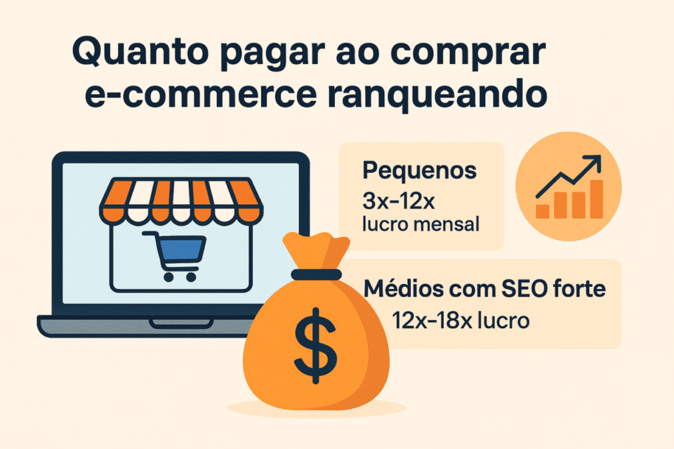 Infográfico mostrando quanto pagar ao comprar um e-commerce ranqueando, com faixas de 3x a 12x lucro para pequenos e 12x a 18x lucro para negócios com SEO forte.