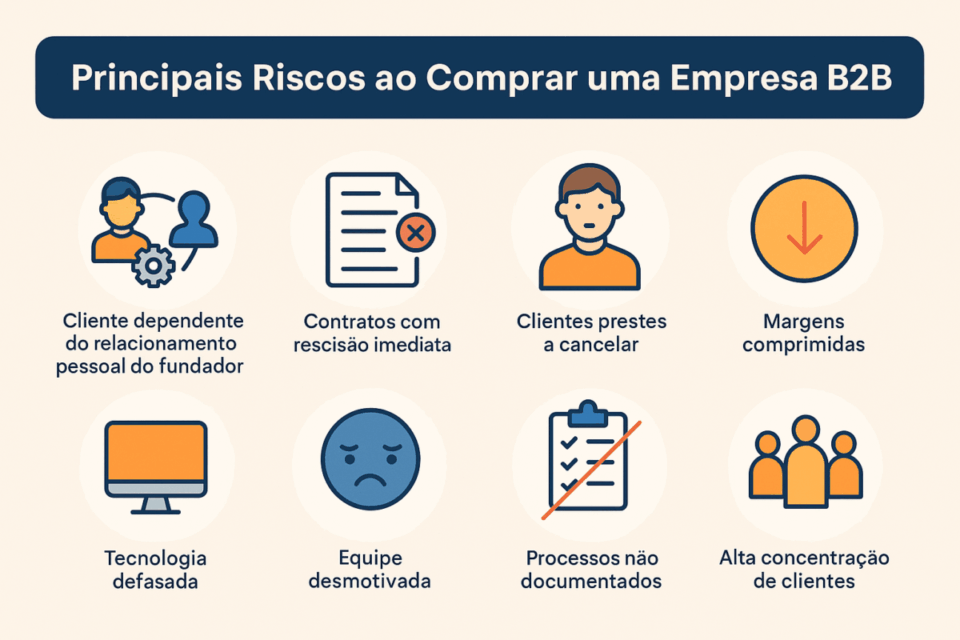 Infográfico mostrando os principais riscos ao comprar uma empresa B2B em 2025, com ícones representando relacionamento pessoal do fundador, rescisão imediata, clientes prestes a cancelar, margens comprimidas, tecnologia defasada, equipe desmotivada, processos não documentados e alta concentração de clientes.

comprar empresa B2B com contratos recorrentes