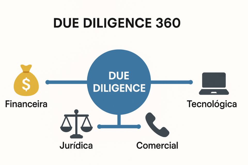 Diagrama mostrando as quatro dimensões da due diligence em uma aquisição de empresa de tecnologia: financeira, jurídica, comercial e tecnológica, conectadas ao centro “Due Diligence 360”, representando uma análise completa antes da compra.