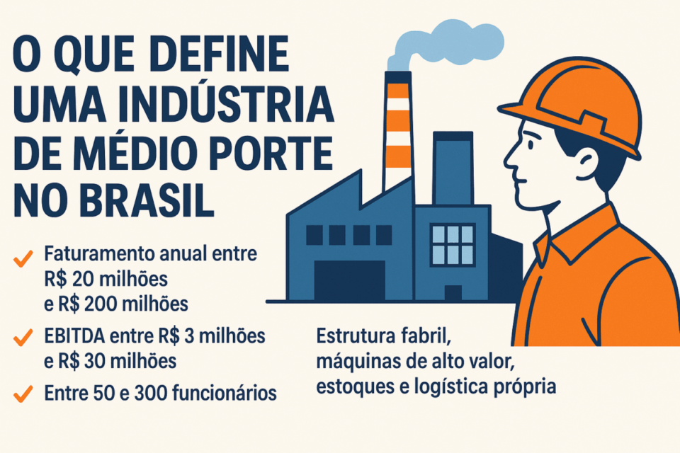 Infográfico ilustrado explicando o que define uma indústria de médio porte no Brasil, com dados de faturamento, EBITDA, número de funcionários e estrutura fabril.
