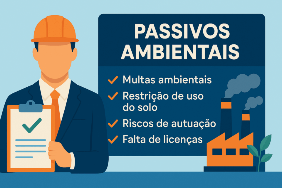 Infográfico sobre passivos ambientais na compra de indústrias de médio porte no Brasil, destacando multas, restrição de uso do solo, riscos de autuação e falta de licenças.