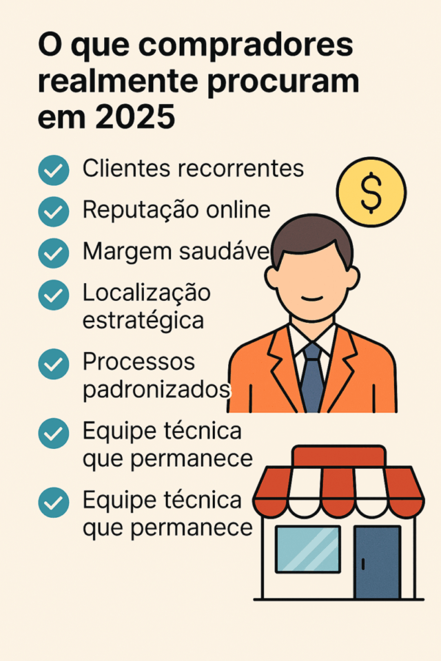 "Infográfico mostrando o que compradores procuram em 2025 ao avaliar uma loja de informática e assistência técnica, incluindo clientes recorrentes, reputação online, margem saudável e processos padronizados."
