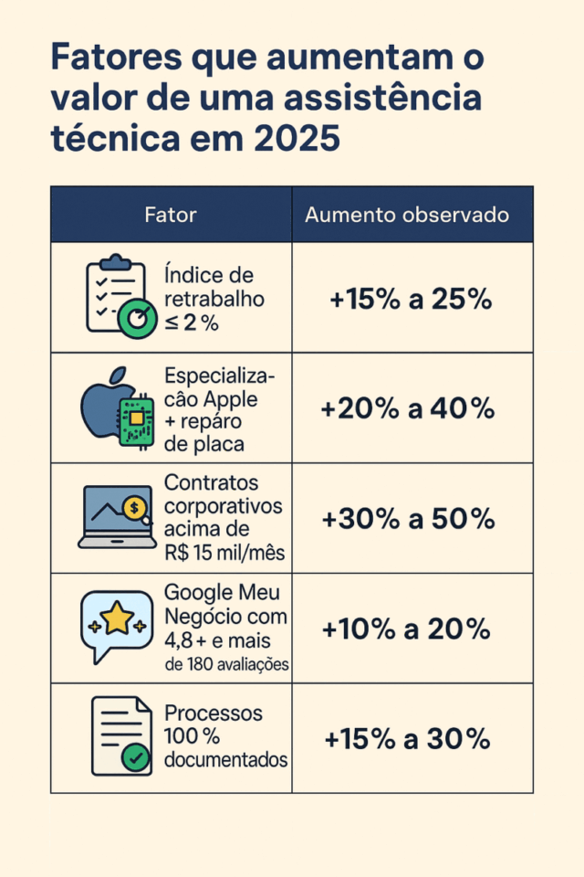 "Infográfico mostrando os fatores que aumentam o valor de uma assistência técnica em 2025, incluindo retrabalho reduzido, especialização Apple, contratos corporativos, reputação no Google e processos documentados."