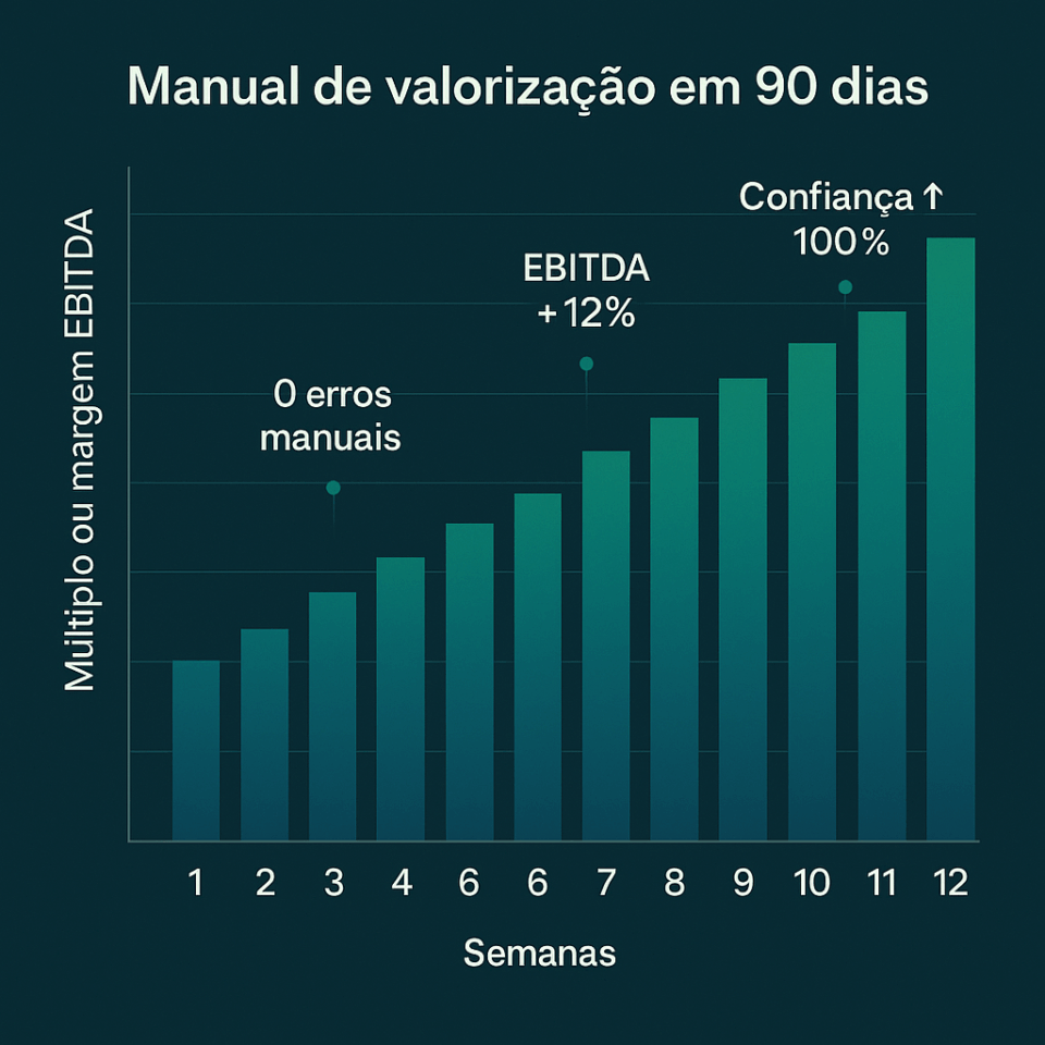 Gráfico de barras mostrando o crescimento do múltiplo ou margem EBITDA ao longo de 12 semanas. Representa o manual de avaliação de um escritório contábil em 90 dias, com marcos visuais: 0 erros manuais, EBITDA +12% e confiança 100%. Design em tons azul-petróleo e verde, identidade visual do portal Negócios Brasil.