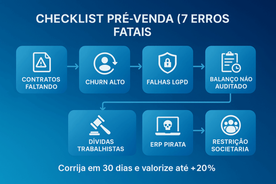 Infográfico com os 7 erros fatais antes da venda de um escritório contábil: contratos faltando, churn alto, falhas de LGPD, balanço não auditado, dívidas trabalhistas, ERP pirata e restrição societária. Fundo azul e ícones corporativos do portal Negócios Brasil.