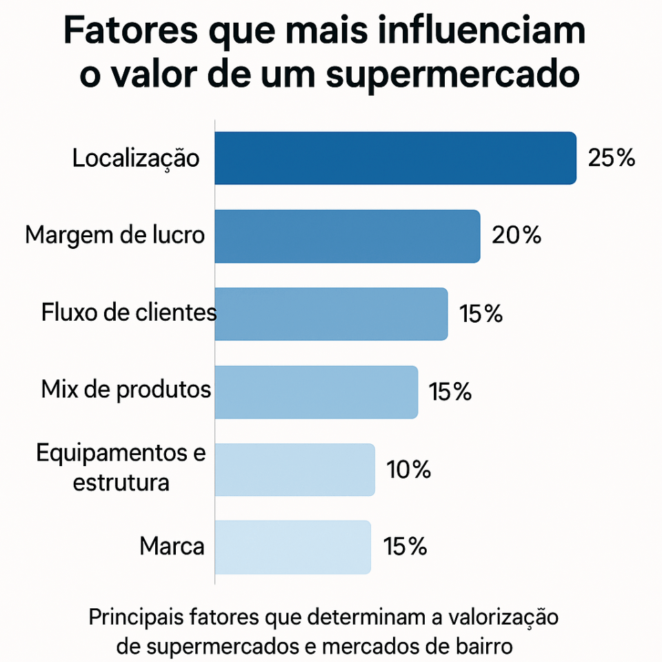Gráfico de barras mostrando os principais fatores que influenciam o valor de um supermercado no Brasil: localização, margem de lucro, fluxo de clientes, mix de produtos, equipamentos e estrutura, e marca.