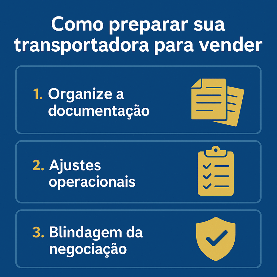 Infográfico mostrando como preparar uma transportadora para vender, com três etapas: organizar documentação, fazer ajustes operacionais e blindar a negociação.