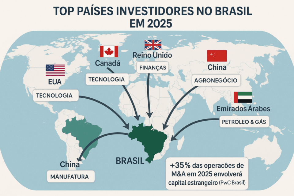 Mapa mundial destacando os principais países investidores no Brasil em 2025 — Estados Unidos, Reino Unido, Canadá, China e Emirados Árabes — com setas indicando os fluxos de investimento para o Brasil em setores como tecnologia, agronegócio, petróleo e gás, finanças e produção.