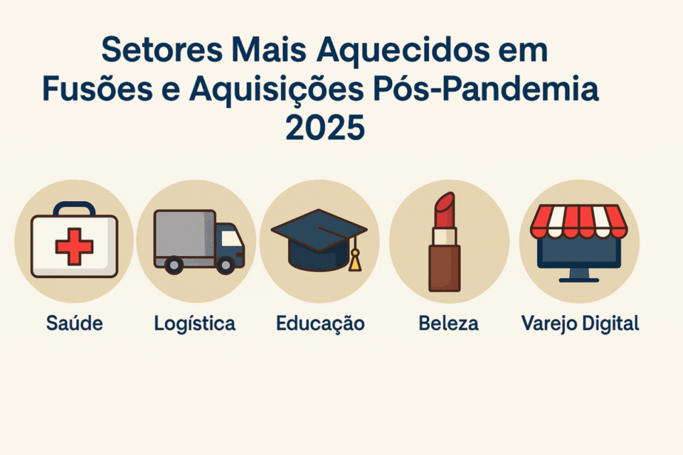 Ícones representando os setores mais aquecidos em fusões e aquisições pós pandemia em 2025 como saúde logística educação beleza e varejo digital