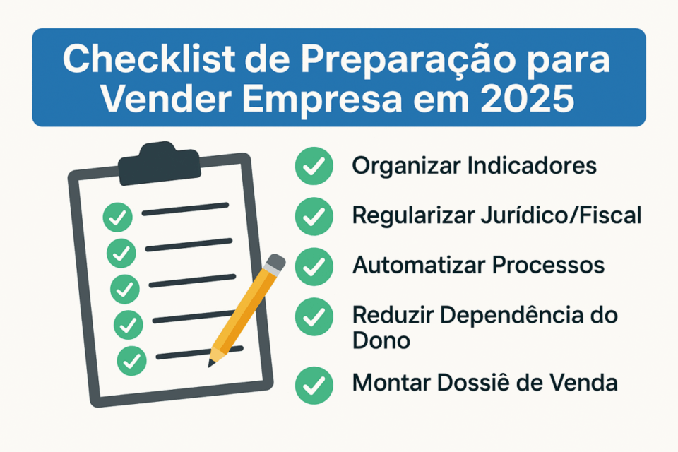 Checklist ilustrando as principais etapas para preparar uma empresa para venda em 2025 incluindo organizar indicadores regularizar jurídico automatizar processos reduzir dependência do dono e montar dossiê de venda