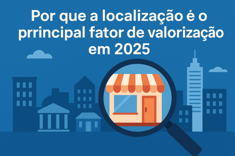 Ilustração mostrando uma loja destacada por uma lupa diante de uma cidade, representando a importância da localização na valorização de um ponto comercial em 2025.