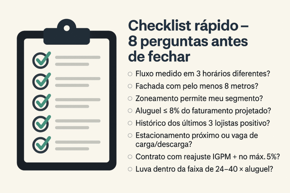 Infográfico com checklist de 8 perguntas essenciais para avaliar um ponto comercial antes de fechar negócio.