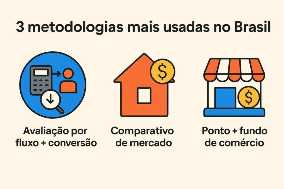Infográfico ilustrando as três metodologias mais usadas no Brasil para avaliar um ponto comercial: fluxo e conversão, método comparativo de mercado e ponto mais fundo de comércio.