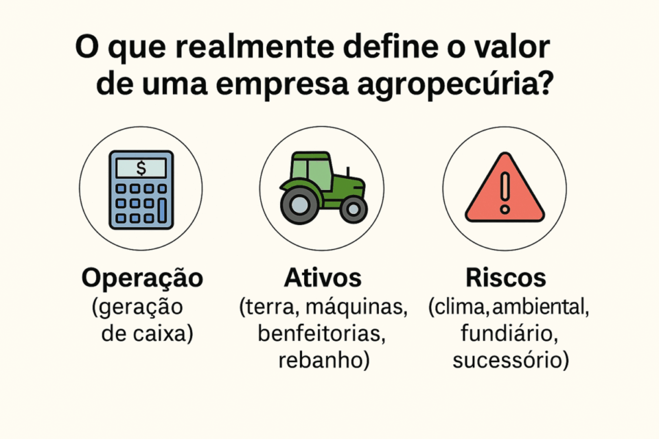 “Infográfico mostrando os três pilares que definem o valor de uma empresa agropecuária: operação, ativos e riscos.”