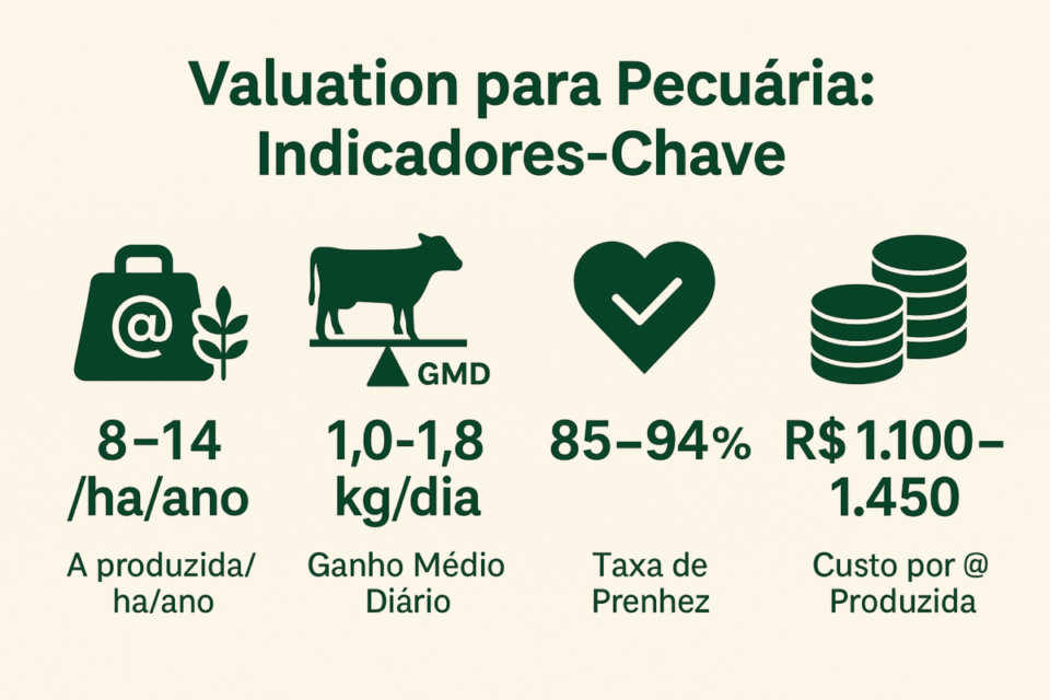 “Infográfico com os principais indicadores de valuation para pecuária em 2025, incluindo produtividade por hectare, ganho médio diário, taxa de prenhez e custo por arroba produzida.”