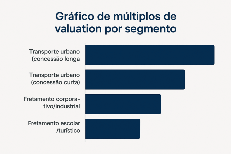 Gráfico de múltiplos de valuation por segmento para empresas de ônibus em 2025, comparando transporte urbano e fretamento.