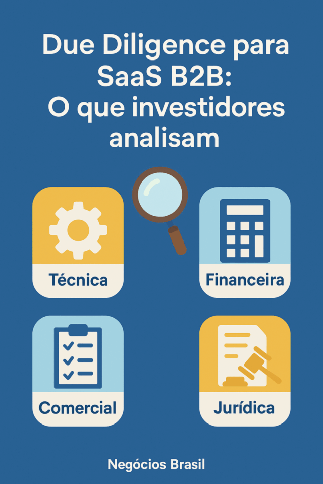 Infográfico sobre due diligence em empresas SaaS B2B, destacando quatro áreas avaliadas por investidores: técnica, financeira, comercial e jurídica, com ícones em estilo minimalista.