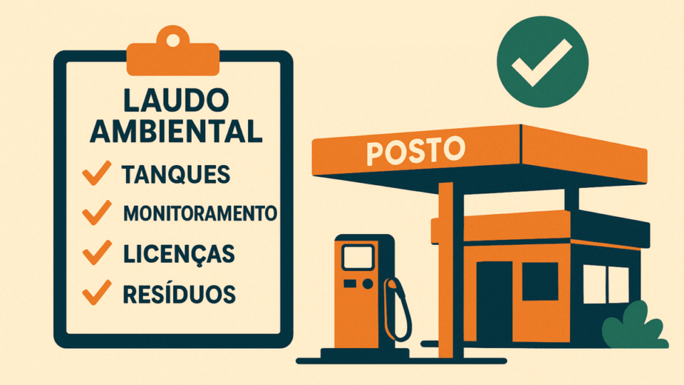 Infográfico ilustrado sobre conformidade ambiental e regulatória de postos de combustível, destacando tanques, monitoramento, licenças e resíduos com selo de aprovação verde.