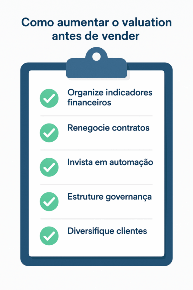 Checklist visual com cinco ações para aumentar o valuation de uma empresa de logística antes da venda: organizar indicadores financeiros, renegociar contratos, investir em automação, estruturar governança e diversificar clientes. Quanto vale uma empresa de logística
