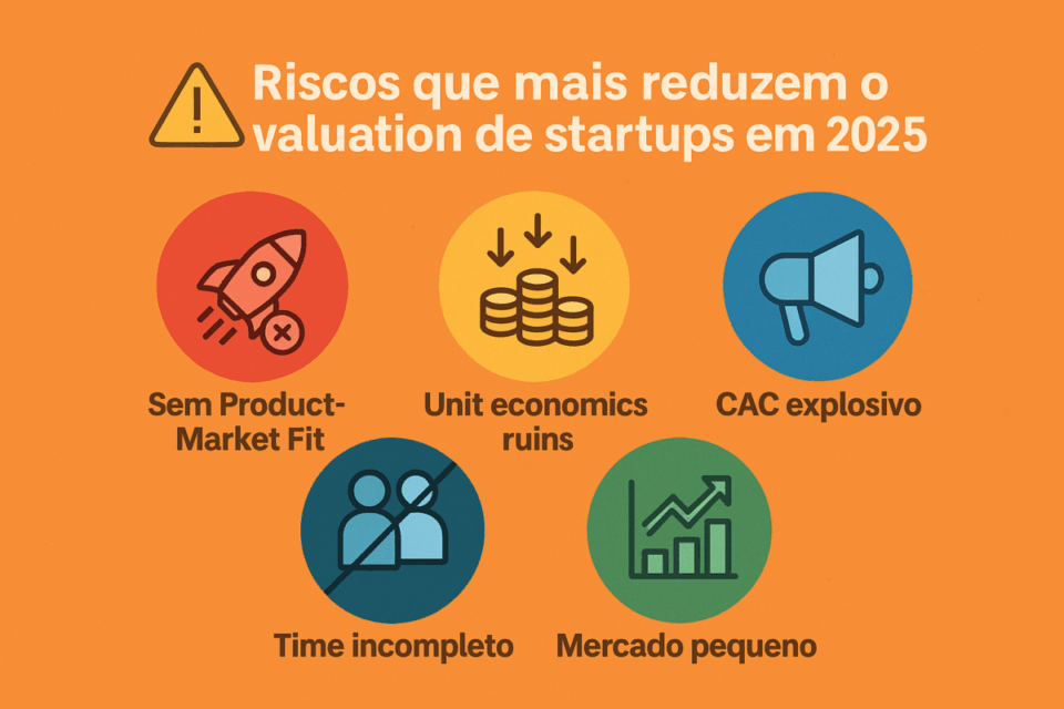 Infográfico com os principais riscos que reduzem o valuation de startups em 2025, incluindo falta de Product-Market Fit, unit economics ruins, CAC explosivo, time incompleto e mercado pequeno, em layout colorido sobre fundo laranja.