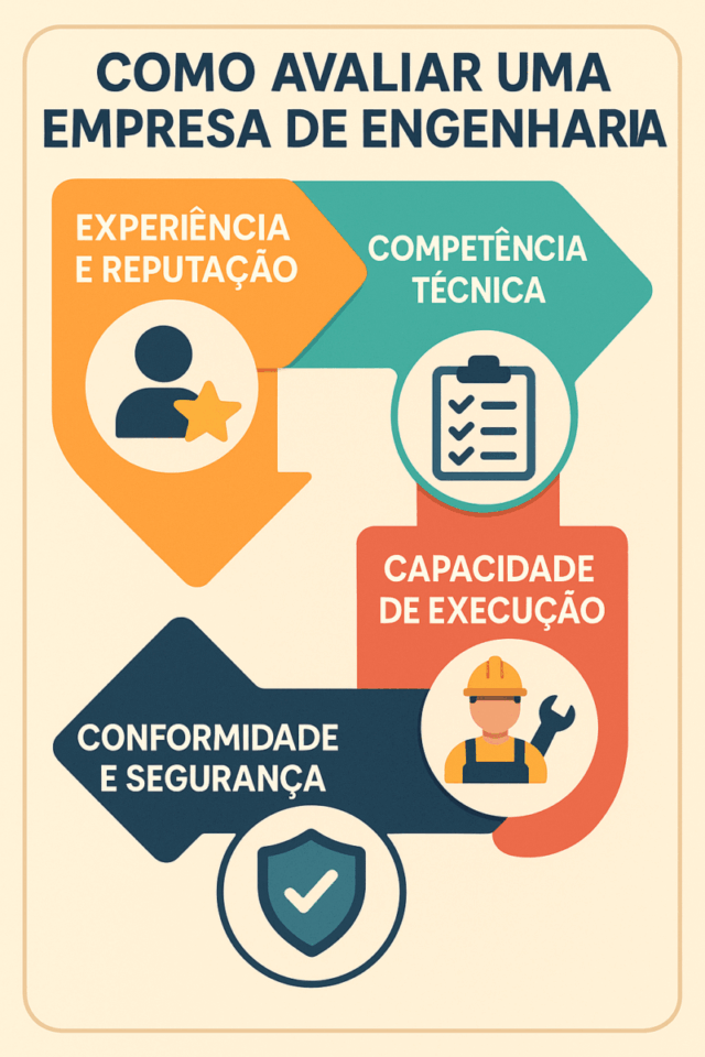 Infográfico colorido mostrando os principais critérios para avaliar uma empresa de engenharia: experiência e reputação, competência técnica, capacidade de execução e conformidade e segurança.