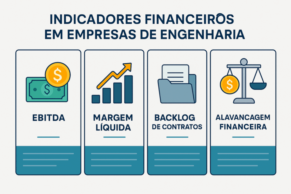 Infográfico com quatro principais indicadores financeiros usados na avaliação de empresas de engenharia: EBITDA, Margem Líquida, Backlog de Contratos e Alavancagem Financeira.