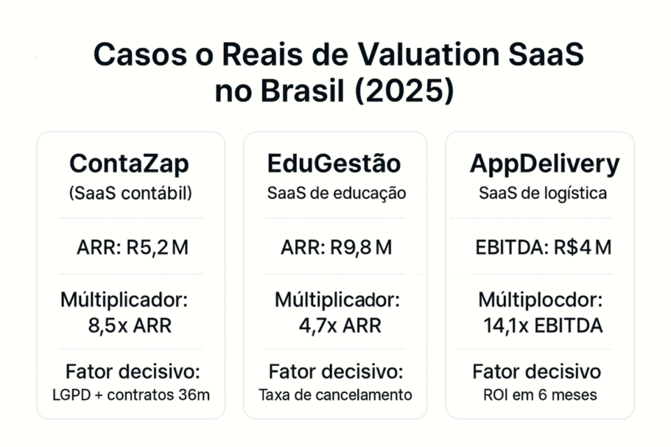 Três cards comparando a avaliação de empresas SaaS brasileiras em 2025 — ContaZap, EduGestão e AppDelivery — com seus ARR, múltiplos e fatores decisivos.