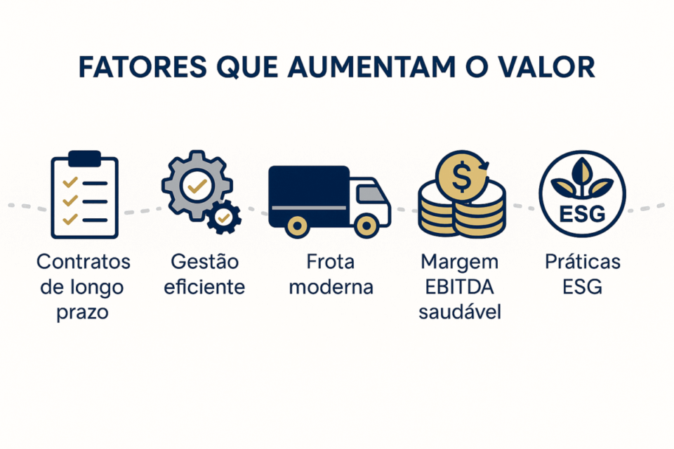Infográfico mostrando cinco fatores que aumentam o valor de empresas de transporte e logística em 2025