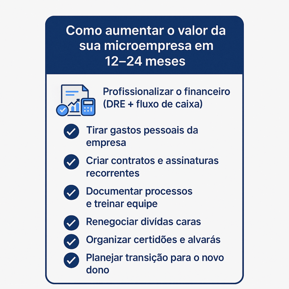Checklist visual com ações para aumentar o valor de uma microempresa em 12–24 meses, incluindo profissionalizar o financeiro, tirar gastos pessoais, criar assinaturas, documentar processos, renegociar dívidas, organizar certidões e planejar a transição para o novo dono.