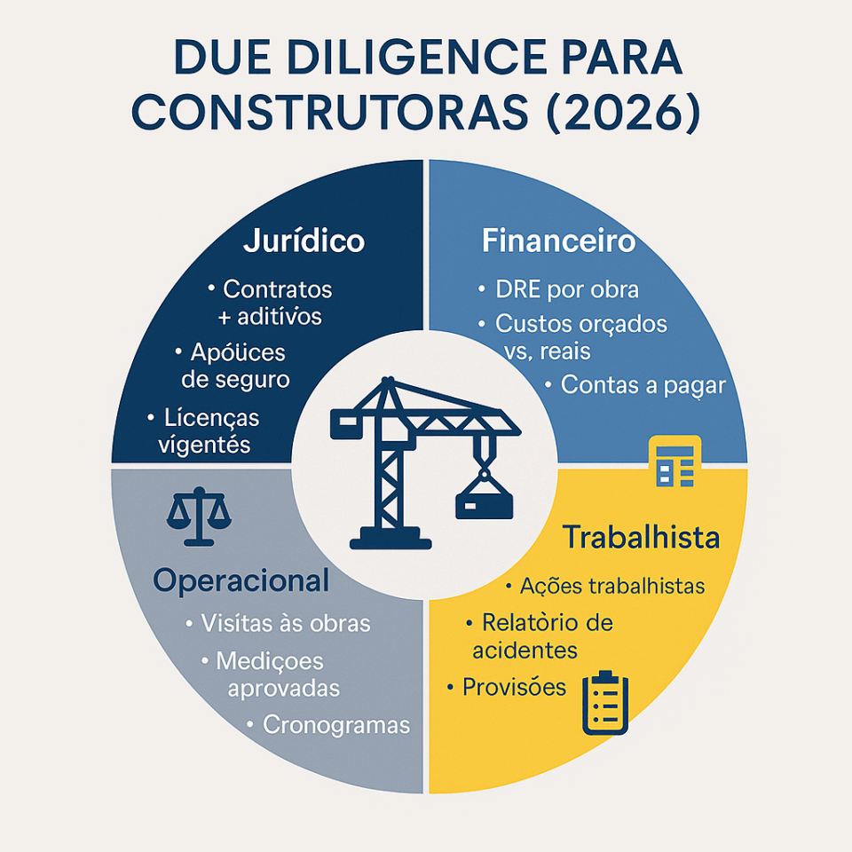 Infográfico circular de due diligence para construtoras em 2026, dividido em Jurídico, Financeiro, Trabalhista e Operacional, com ícones e lista de verificação.