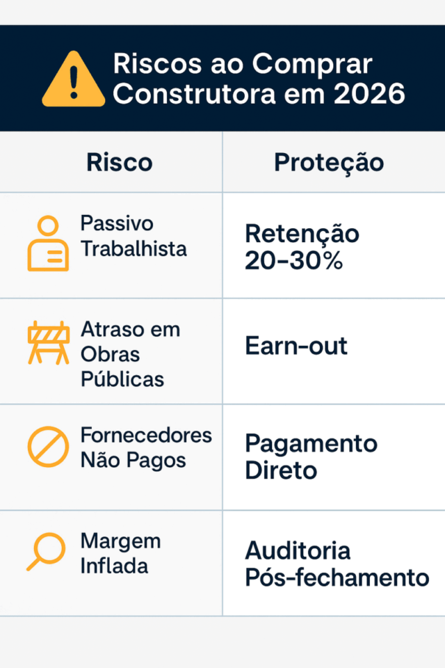 Infográfico com os principais riscos ao comprar uma construtora em 2026 e as proteções recomendadas, incluindo passivo trabalhista, atraso em obras públicas, fornecedores não pagos e margem inflada.