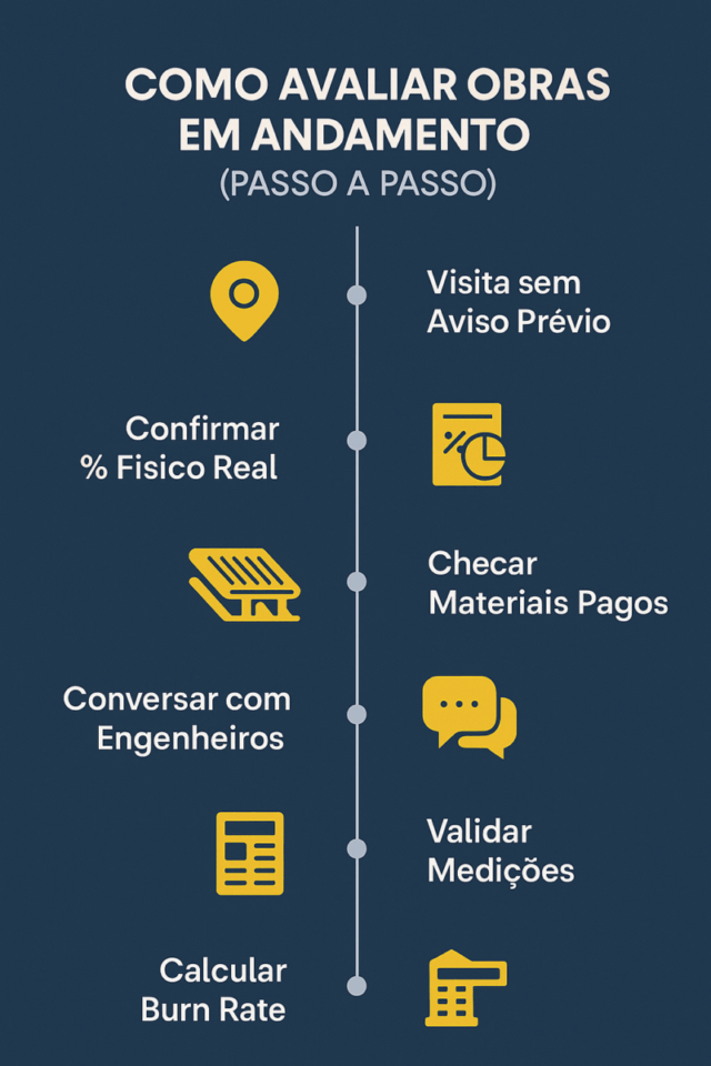 Infográfico com o passo a passo de como avaliar obras em andamento, incluindo visita sem aviso prévio, confirmar porcentagem física real, checar materiais pagos, conversar com engenheiros, validar medições e calcular burn rate.
