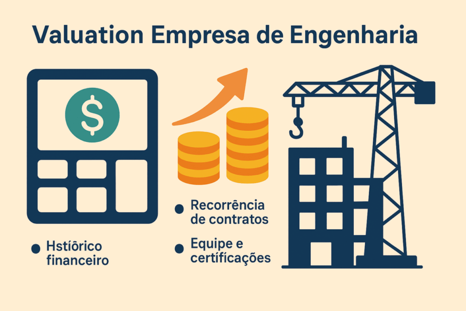 Infográfico mostrando fatores de valuation de uma empresa de engenharia, incluindo histórico financeiro, recorrência de contratos, equipe e certificações, com ícones de calculadora, moedas e guindaste.
