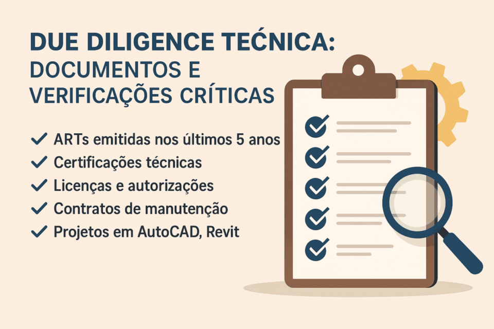 Infográfico sobre due diligence técnica em empresas de engenharia, mostrando checklist de documentos como ARTs, certificações técnicas, licenças, contratos de manutenção e projetos em AutoCAD e Revit, ao lado de uma prancheta e lupa.