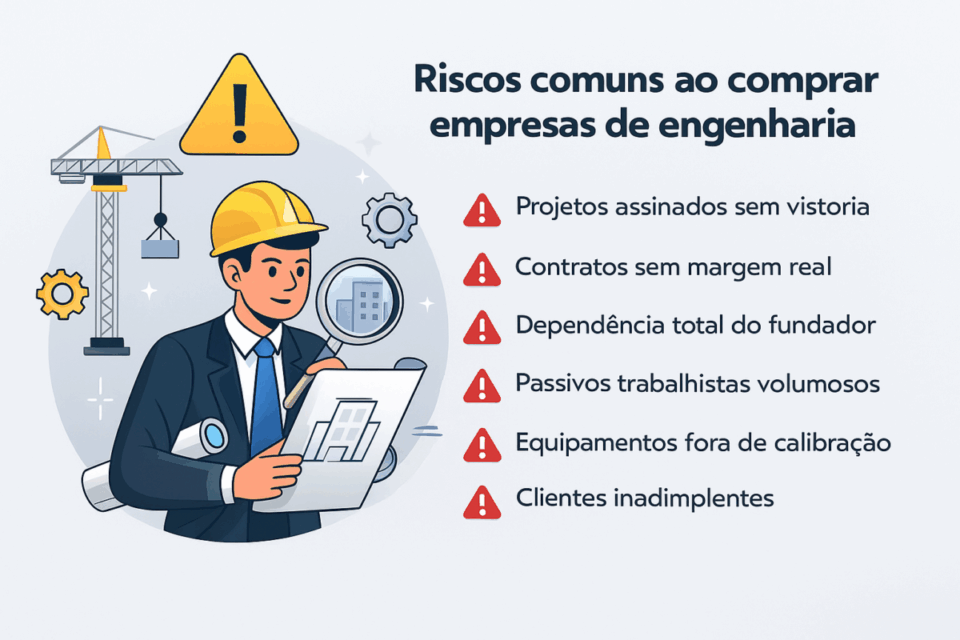 Infográfico mostrando os principais riscos ao comprar empresas de engenharia, com ícones de alerta e uma ilustração de engenheiro analisando documentos.