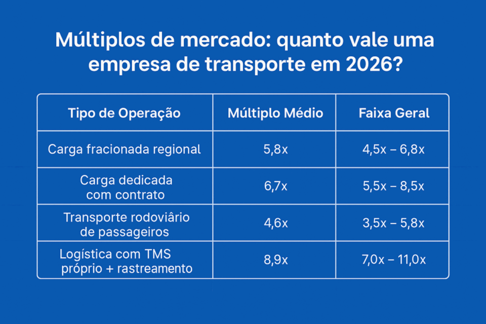 Infográfico em fundo azul mostrando os múltiplos médios de mercado para empresas de transporte rodoviário em 2026, com quatro categorias: carga fracionada regional (5,8x), carga dedicada com contrato (6,7x), transporte rodoviário de passageiros (4,6x) e logística com TMS e rastreamento (8,9x), apresentados em boxes arredondados.