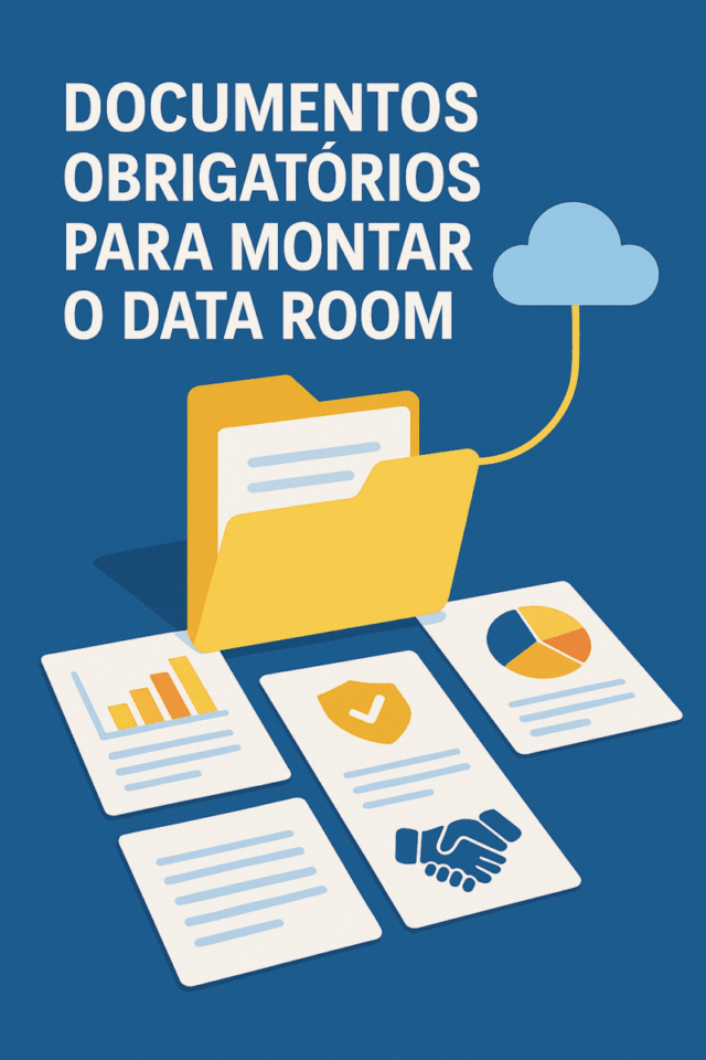 Imagem ilustrativa com fundo azul mostrando uma pasta amarela aberta conectada a uma nuvem digital, com documentos espalhados contendo gráficos, símbolos de segurança e aperto de mãos, representando o conceito de organização de data room para processos de compra de empresas.